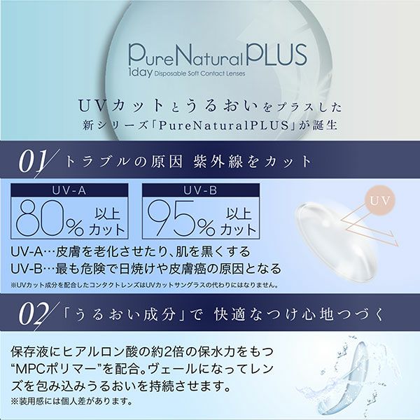 ピュアナチュラルプラスワンデー☆含水率55％☆特徴1|コスプレカラコン通販アイトルテ